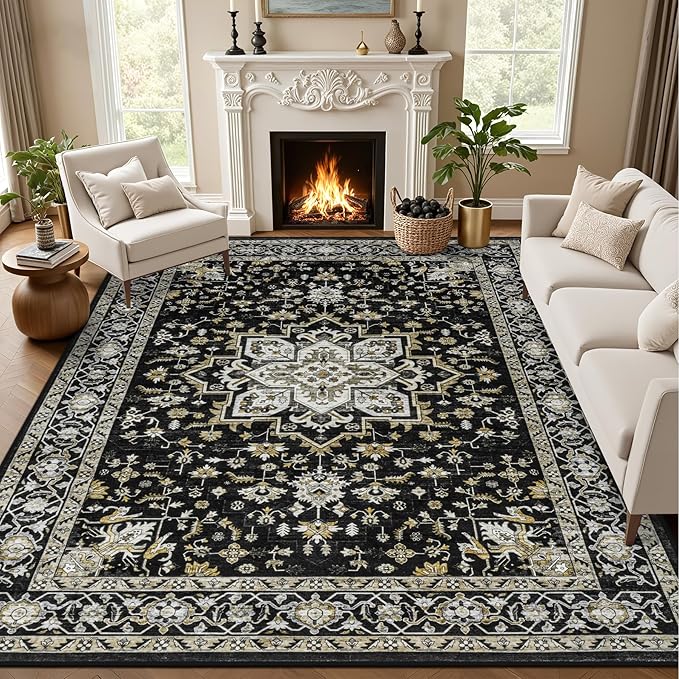 Area Rugs 9x12 Living Room Rug: Washable Rug Soft Vintage Boho Medallion Carpet Indoor Non-Slip Stain Resistant Large Carpets for Bedroom Dining Room Farmhouse Nursery Home Office Black Gold