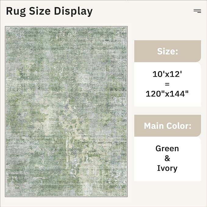 Area Rug 10x12 Vintage Washable Living Room Large Carpet Non Slip Bedroom Indoor Office Dining Room Low Pile Thin Rug Green/Ivory