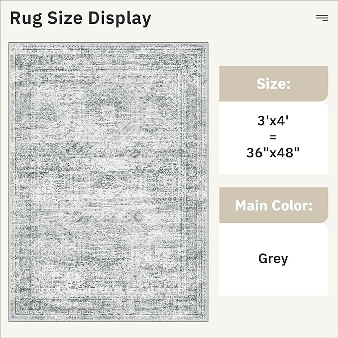 3x4 Rug, Small Area Rug for Kitchen, Entryway, Machine Washable Non-Slip Throw Rug, Vintage Carpet for Nursery Coffee Table Grey