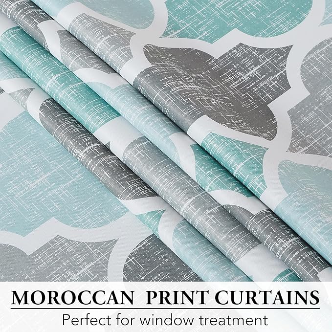 Beauoop 100% Blackout Curtains 54 Inches Long 2 Panels for Bedroom Living Room Aqua Grey Moroccan Geo Room Darkening Thermal Insulated Soundproof Grommet Top Window Treatments Drapes, 50x54 Set of 2