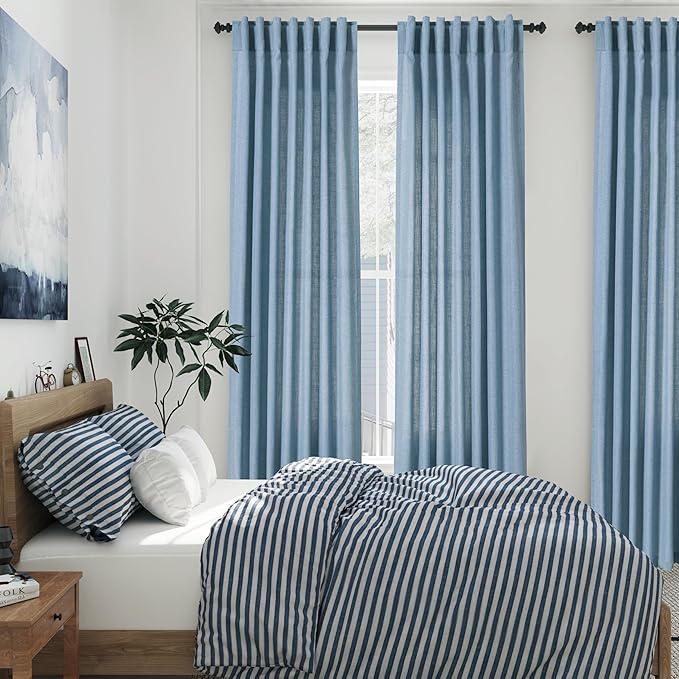 2 Panels Set Dusty Blue Linen Curtains 105 Inches Long for Living Room Extra Long Back Tab Curtains Neutral Farmhouse Light Filtering Semi Sheer Linen Drapes Ceiling to Floor for Large Window