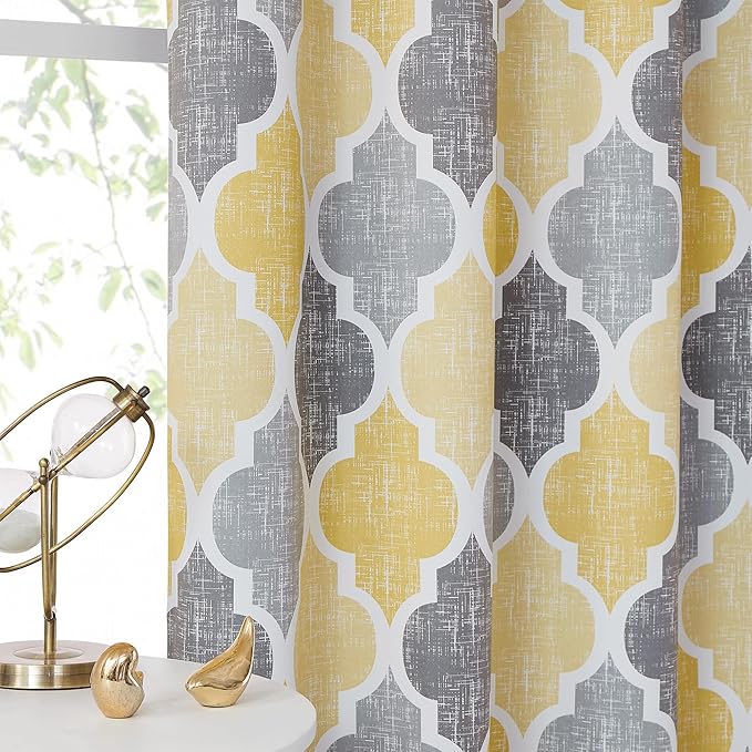 Beauoop 100% Blackout Curtains 54 Inches Long 2 Panels for Bedroom Living Room Yellow Grey Moroccan Geo Room Darkening Thermal Insulated Soundproof Grommet Top Window Treatments Drapes, 50x54 Set of 2