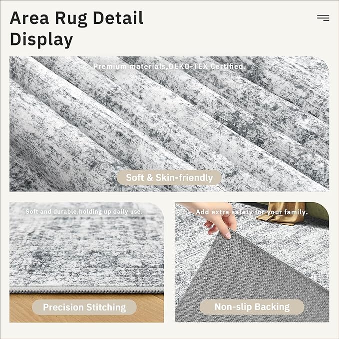 3x4 Rug, Small Area Rug for Kitchen, Entryway, Machine Washable Non-Slip Throw Rug, Vintage Carpet for Nursery Coffee Table Grey