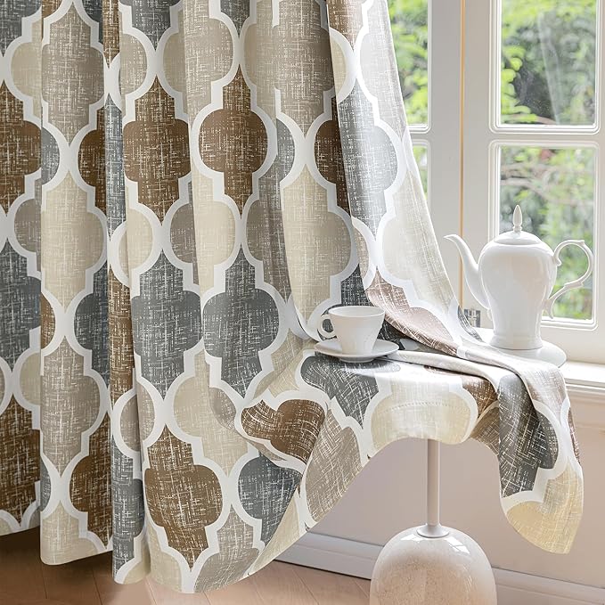 Beauoop 100% Blackout Curtains 90 Inches Long 2 Panels for Bedroom Living Room Brown Grey Moroccan Geo Room Darkening Thermal Insulated Soundproof Grommet Top Window Treatments Drapes, 50x90 Set of 2