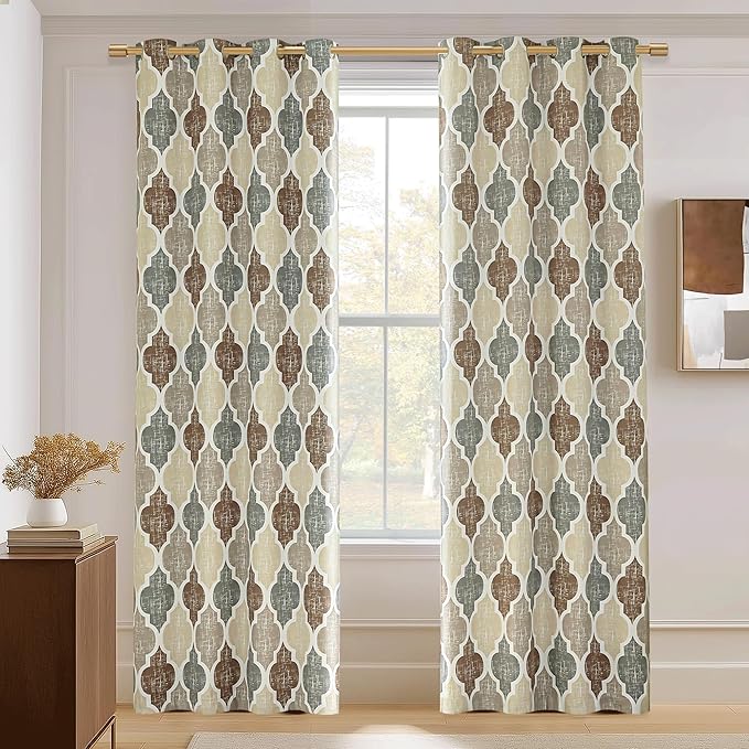 Beauoop 100% Blackout Curtains 63 Inches Long 2 Panels for Bedroom Living Room Brown Grey Moroccan Geo Room Darkening Thermal Insulated Soundproof Grommet Top Window Treatments Drapes, 50x63 Set of 2