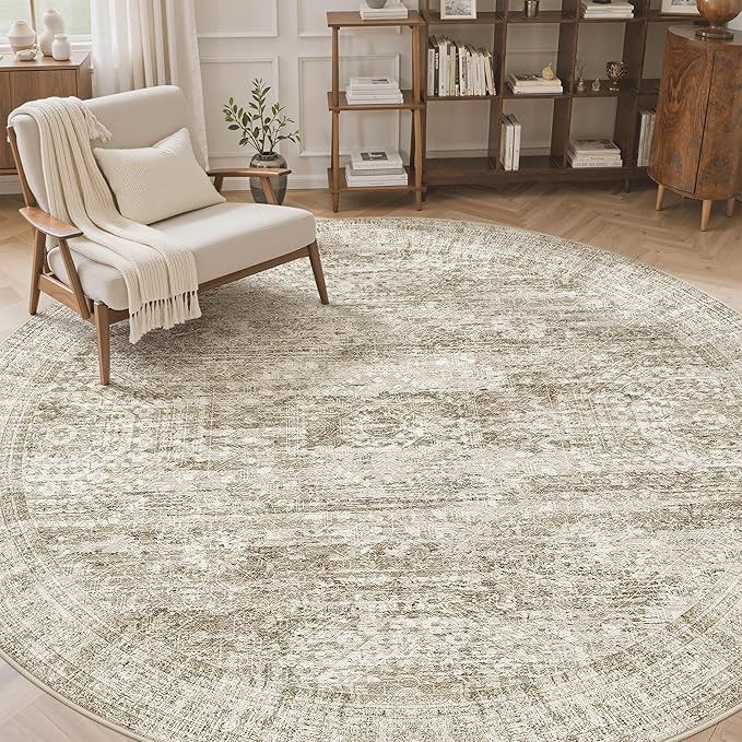 9x9 Brown Round Rug 9ft Living Room Circle Rug Vintage Round Area Rug Non Slip Indoor Carpet for Apartment