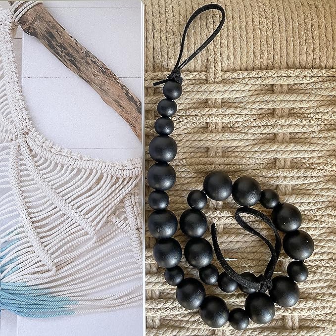 4 Pieces Wood Bead Curtain Tieback Boho Curtain Tiebacks Curtain Holdbacks for Wall Curtain Ties Window Treatment Curtain Tie Backs with Hooks for Bedroom Wall Dining(Black Color, 4)